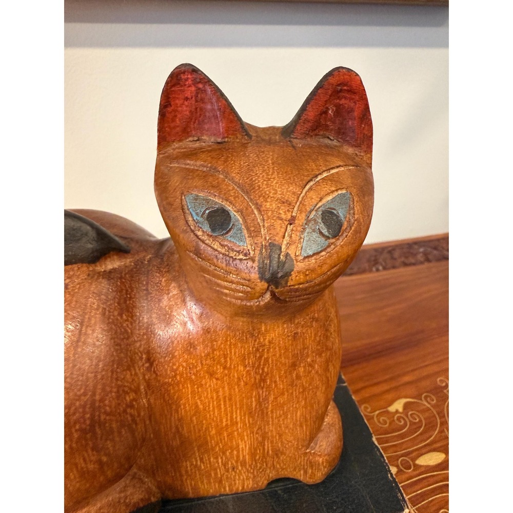 Vintage Hand Carved Wooden Cat Folk Art Sculpture - Picture 4 of 17